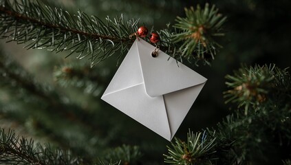 Envelope and Bells on Evergreen Branch