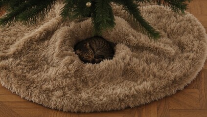 Cat Sleeping Under Christmas Tree on Beige Furry Skirt