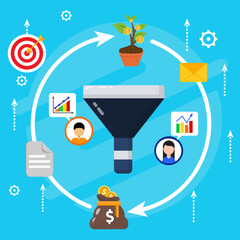 Flat illustration of business sales and marketing funnel process showing lead conversion, analytics, growth cycle, revenue optimization, customer journey, and performance strategy concept
