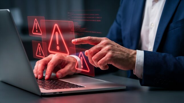 Cybersecurity Breach & Critical System Alert
(Focuses on the red warning triangles and error notifications.)