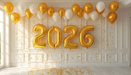 Golden 2026 balloons floating with confetti in a party room.