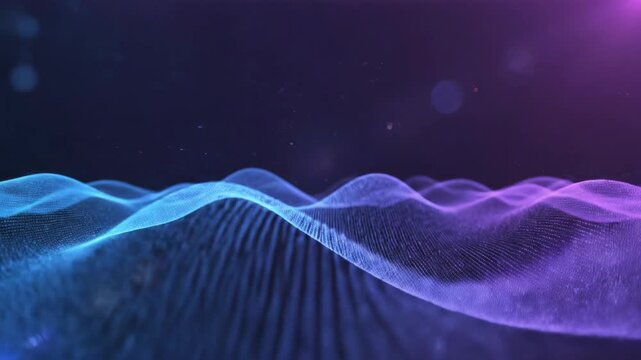 Digital data grid network slowly collapsing into a flowing, luminous blue and purple gradient field demonstrating technological transition and sensory input grid, field, blank