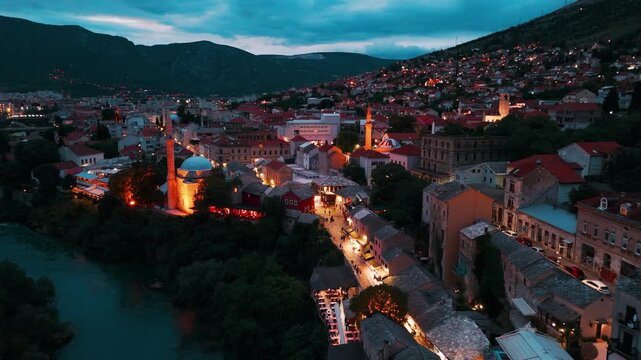 Mostar Medieval Town and Old Bridge aerial view in Bosnia and Herzegovina