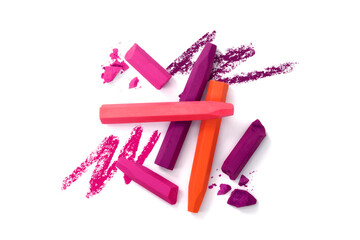 Colorful chalks with scribbling isolated on white background, Crayon ,Top view