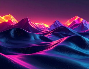 Digitally created mountainous landscape under a colorful sky