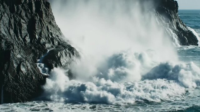 Dramatic slow motion capture of massive turquoise ocean waves relentlessly crashing and breaking against a rugged, dark gray rocky coastline at high tide travel, nature background, weather