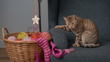 Cat on Chair near Yarn and Star Ornament