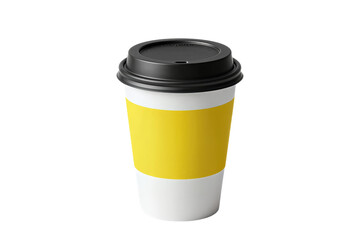 Disposable coffee cup with yellow sleeve and black lid