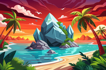 island beach bordered by dense jungle vegetation meets crystal clear sea water, creating a lush tropical coastal ecosystem.