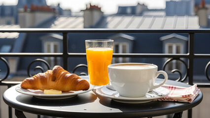 Delicious breakfast setup on a balcony overlooking the city with croissant and coffee