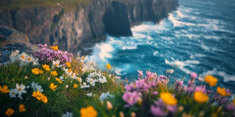 Wildflowers blooming on a cliff overlooking the ocean in spring