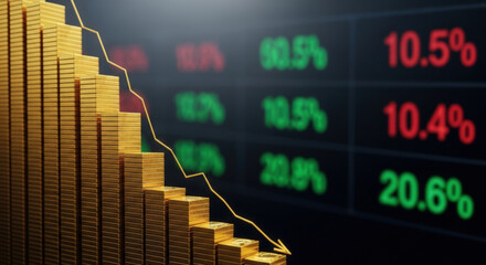 Dramatic Economic Downturn Visualization with Gold Bars and Declining Percentage Rates Displayed on a Dark Screen Depicting Financial Crisis and Market Crash