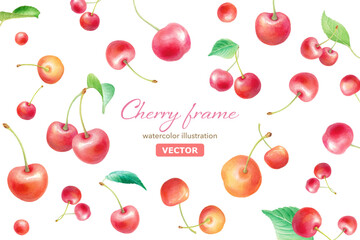 水彩のさくらんぼ フレームイラスト　中央空白の装飾素材 ベクター
