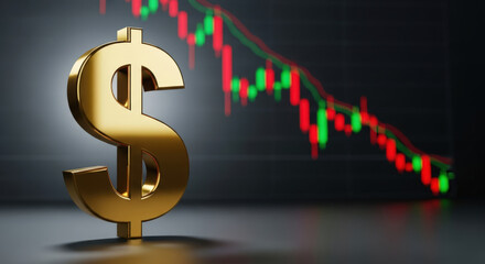 Dramatic Financial Downturn Depicted with Golden Dollar Sign and Bearish Stock Chart, Illustrating Economic Recession and Investment Losses in a Global Market Context