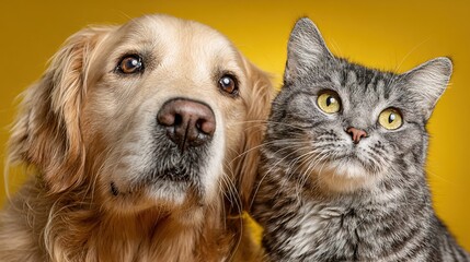 Adorable Close up Golden Retriever and Tabby Cat Companionship Portrait