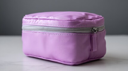 Small, lavender zippered container on white marble