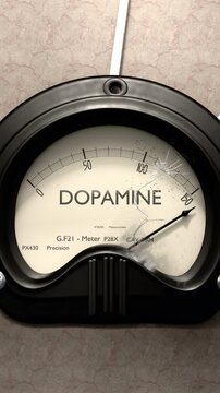 Dopamine meter showing big levels of dopamine. Dangerously increasing values of dopamine, critical overload. Too much, off the charts. Max dopamine