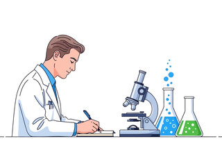 Scientist Working in Laboratory with Microscope and Flasks.