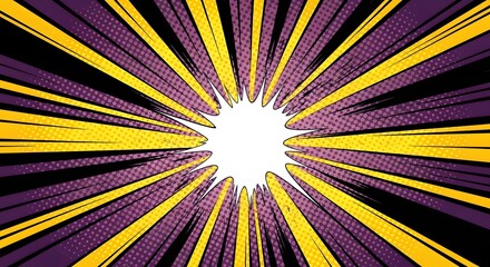 Vibrant purple and yellow comic book sunburst background with radial lines and halftone dot texture