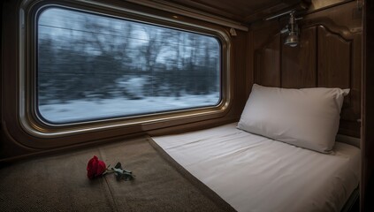 Train Cabin with Rose and View of Snowy Landscape