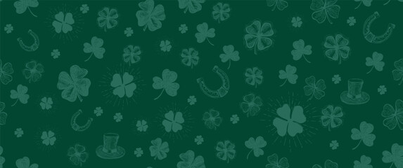 St. Patricks Day, clover pattern on green. Hand drawn illustrations	
