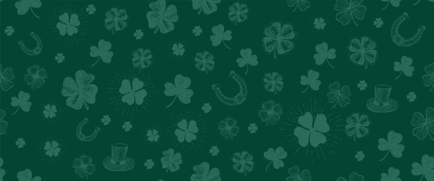 St. Patricks Day, clover pattern on green. Hand drawn illustrations	
