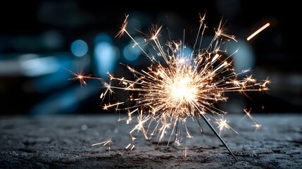 Close up of a sparkler burning at night with glowing sparks and shallow depth of field for celebration and holiday concepts
