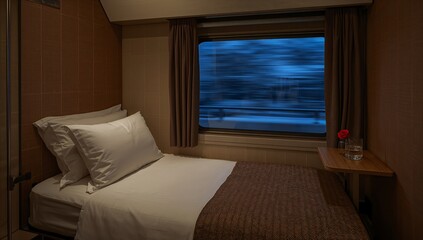 Train cabin with bed and window