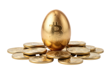 Golden egg with Bitcoin symbol on pile of coins.