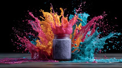 High speed capture of colorful paint splashing out of a jar creating dynamic motion and abstract artistic impact