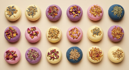 Collection of colorful handmade bath bombs with dried botanicals. Top view flat lay of spa products. Natural cosmetics for self-care and aromatherapy concept