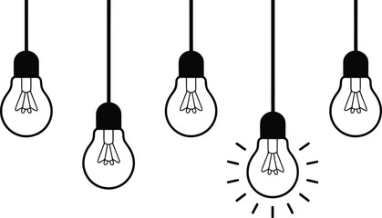 Five hanging light bulbs with distinct black outlines are arranged on a white backdrop, one glowing
