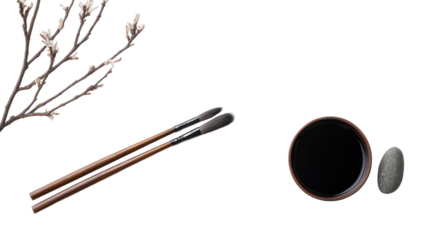 Minimal Oshogatsu flat lay featuring calligraphy brush and ink on transparent background