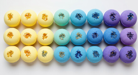 Assortment of colorful handmade bath bombs in gradient pattern. Top view flat lay of spa products for beauty and self-care on white background