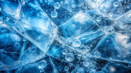 Fractured ice background with trapped air bubbles and translucent blue segments. 