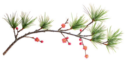 Minimal pine branch with bamboo and plum blossom Shochikubai on transparent background