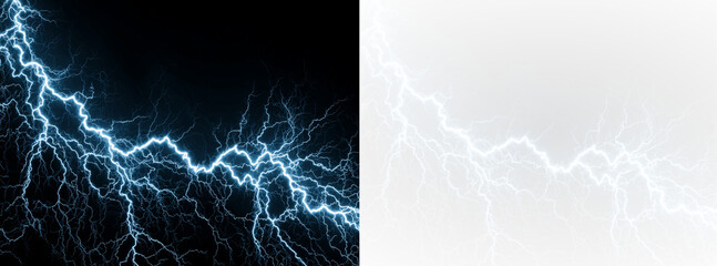 Naklejka premium Blue lightning flashes across the storm, radiating light and electric energy. Bolts strike with danger while thunder echoes in the sky. Perfect PNG overlay for visuals.