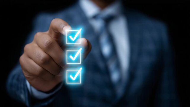 4k Businessman marking digital checkboxes on futuristic transparent interface, concept of approval, project completion, task management, and quality assurance in