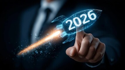 4k Businessman pressing digital power button with glowing text ""START 2026"", futuristic business startup and innovation concept, arrows moving upward symbolizing growth and success - Powered by Adobe