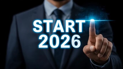 4k Businessman touching glowing digital target icon on virtual screen with number 2026, futuristic innovation concept, technology and business planning for new year, smart vision and