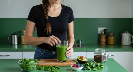 Woman prepares healthy green smoothie in modern kitchen. Nutritious detox drink with fresh spinach, avocado, and berries. Healthy eating and wellness lifestyle concept