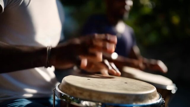 4k Close-up of smiling musicians playing cavaquinho and pandeiro hands in motion, sunlight reflecting on instruments, joyful samba energy, cultural pride, authentic Rio