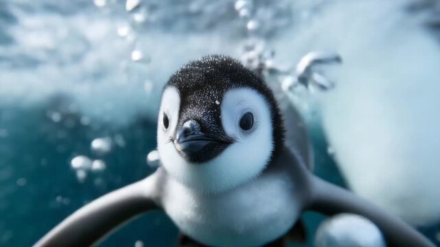 4k Emperor penguin chick swimming for the first time under ice penguin chick, emperor, antarctica, underwater, learning, wildlife, ice, family, ocean, realistic