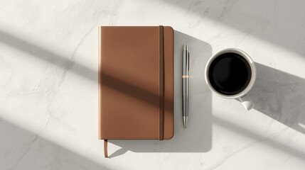 Minimalist 2026 planner with pen and coffee on white surface with copy space for planning