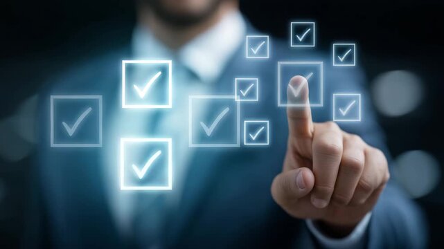 4k Futuristic concept of businessman checking virtual boxes on holographic