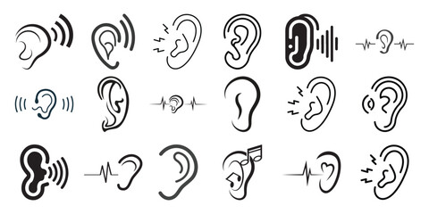 Collection of stylized human ear representing sound and hearing listening audio