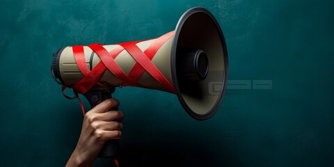Hand holding megaphone wrapped in red ribbon symbolizing censorship