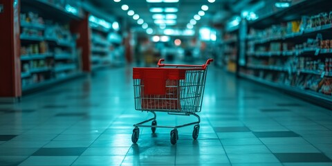 Empty shopping cart symbolizing economic issues in supermarket aisles