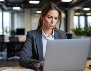 A focused businesswoman works on a laptop. A serious professional