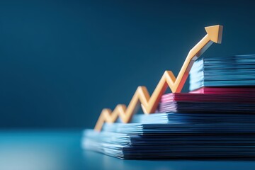 A visual representation of success with an upward arrow amidst stacked papers, symbolizing growth and progress.